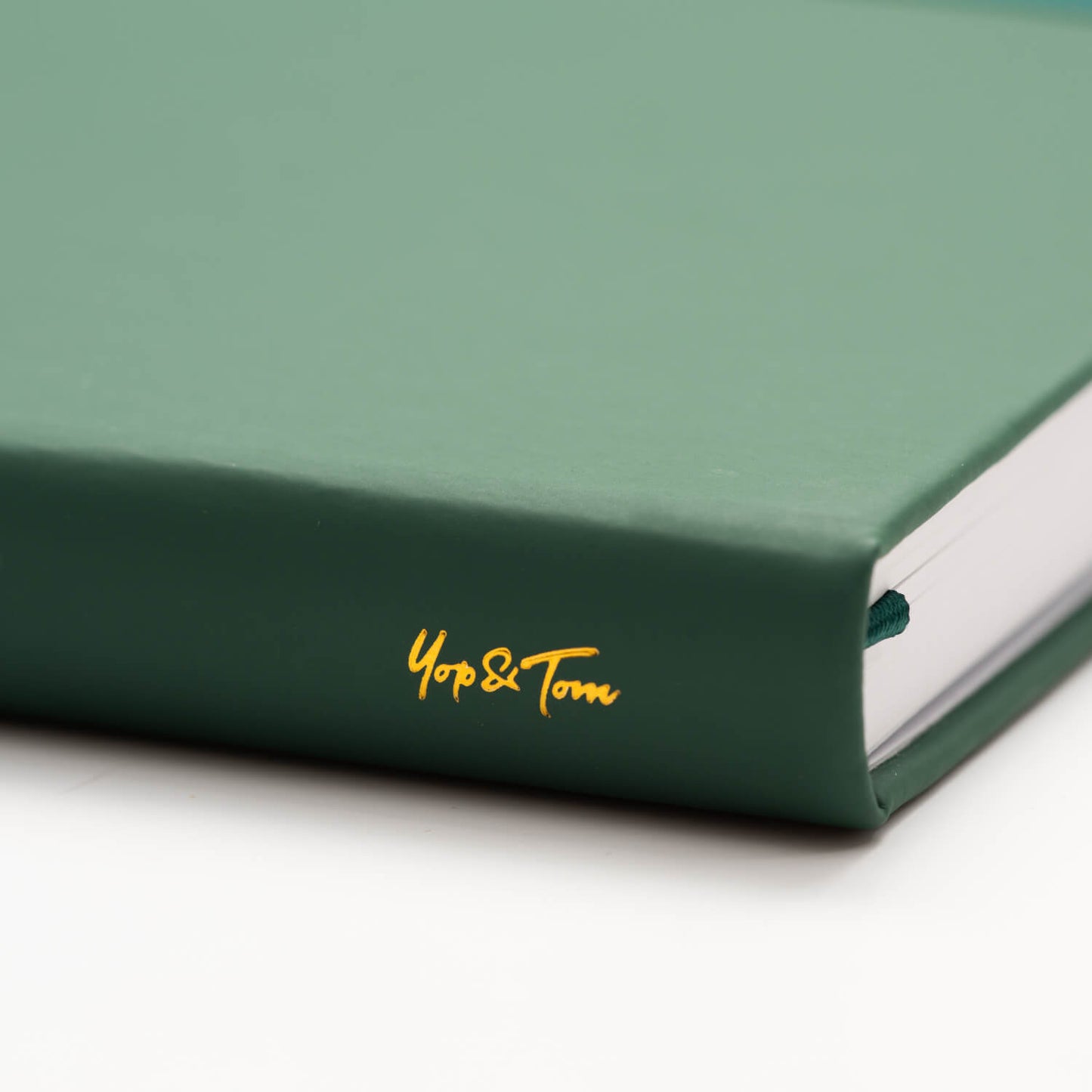 lined journal a5 - forest green - zoom in on Yop & Tom gold debossed logo on spine