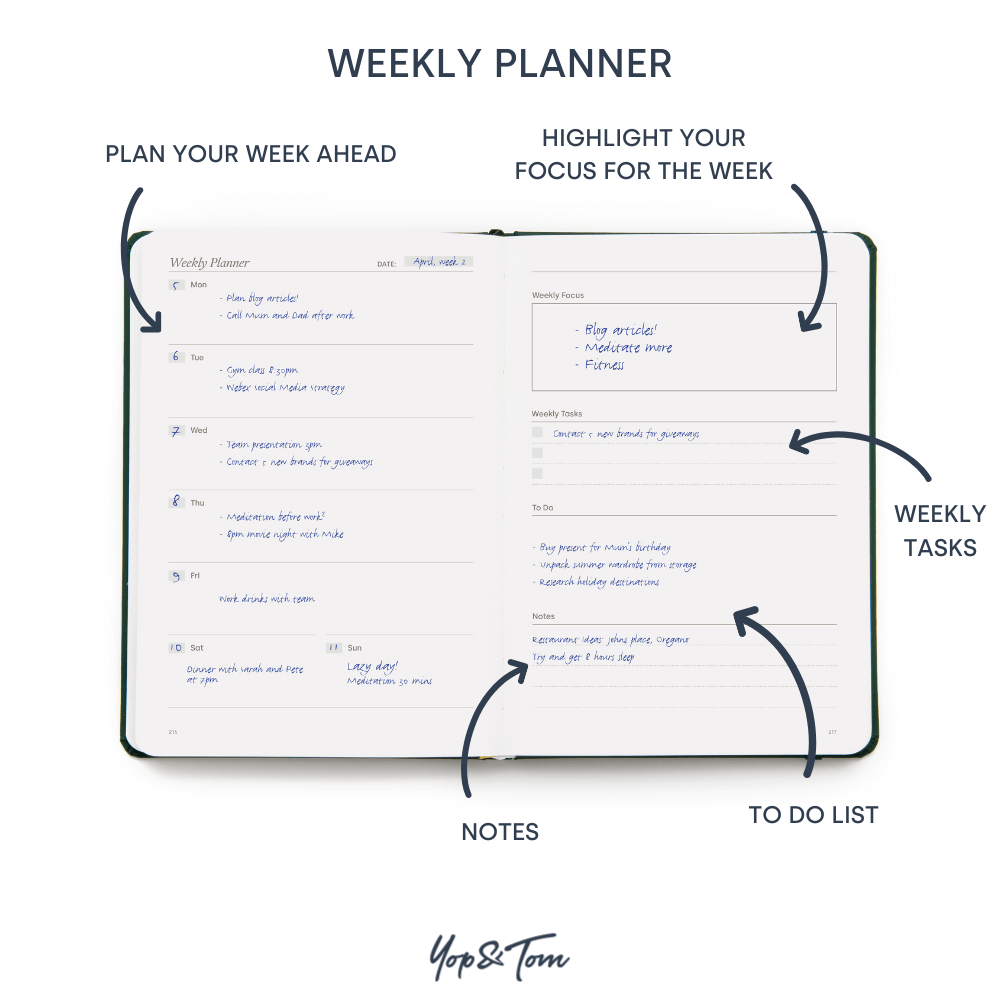 Weekly planner page in the power of 3 goal planner